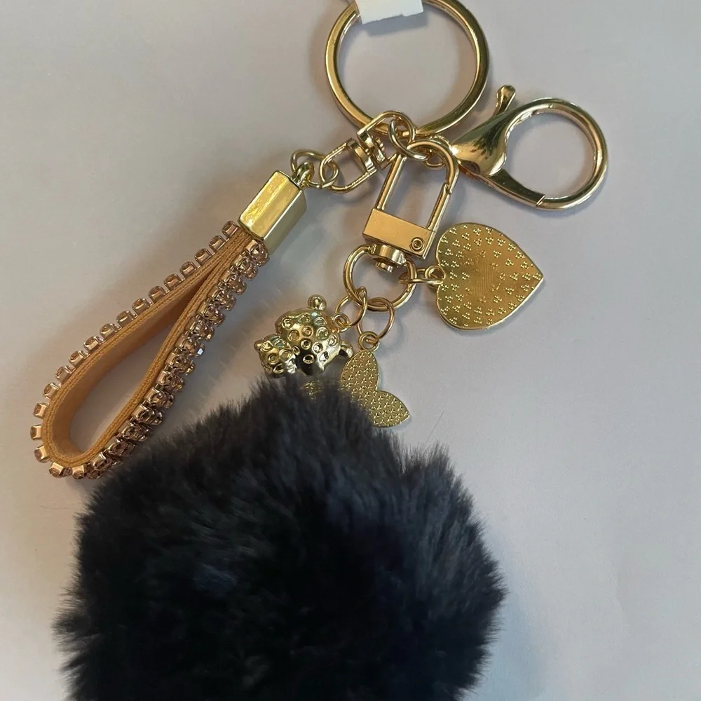 Gold and Black Pom Pom Keychain With 3 Charms – New